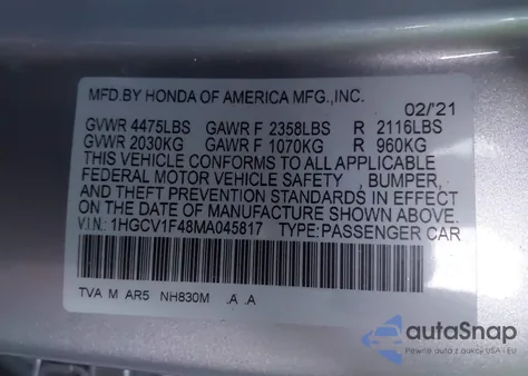 2021 Honda Accord Sport Special Edition from USA, damaged, VIN 1HGCV1F48MA045817